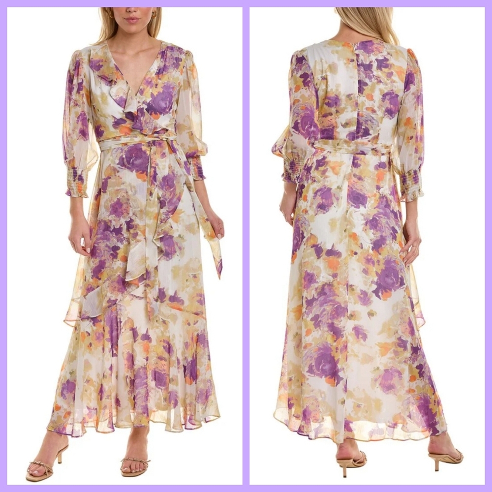 💜Taylor💜 - Purple/Peach/Cream Floral Chiffon Ruffle L/S V-Neck Midi Dress - Picture 3 of 16